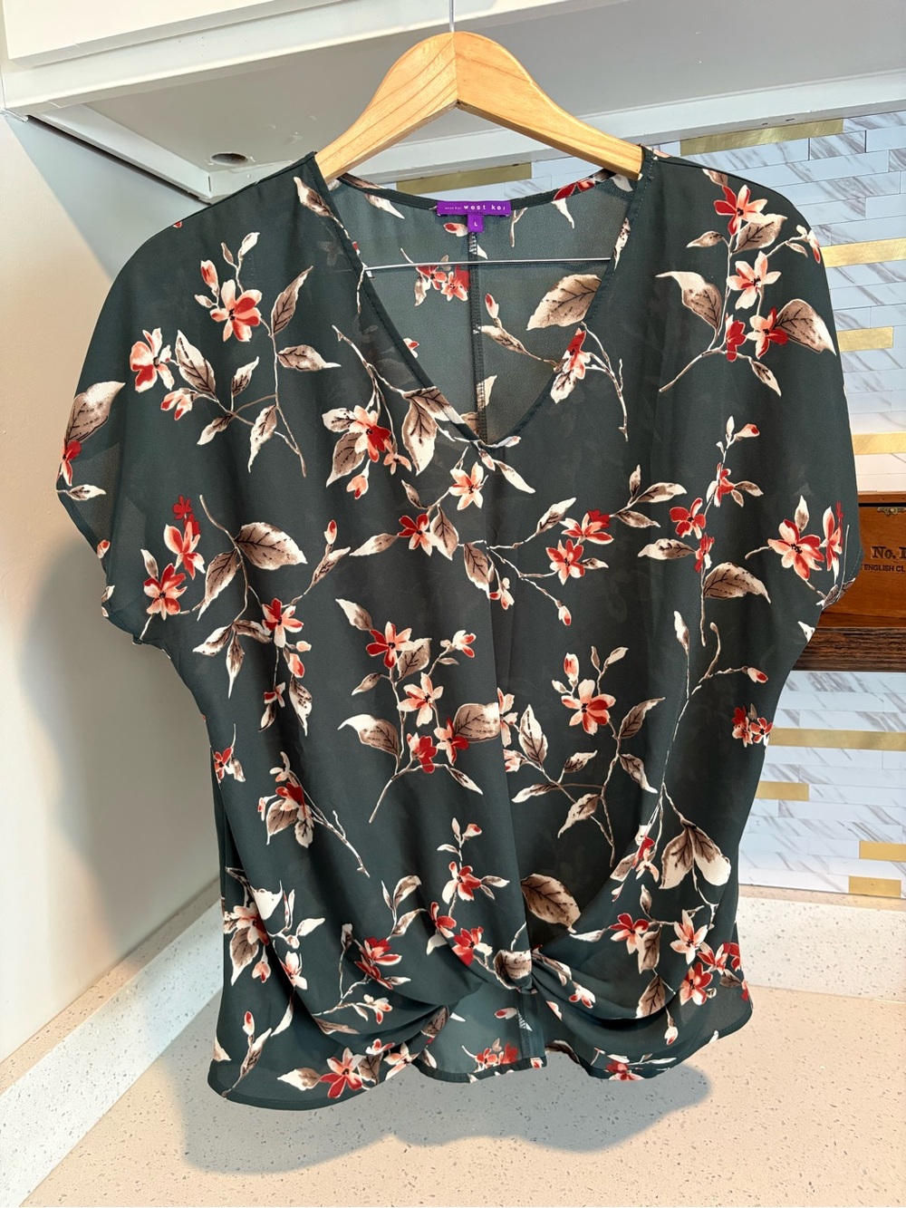 West Kei Hunter Green Floral Semi-sheer Blouse